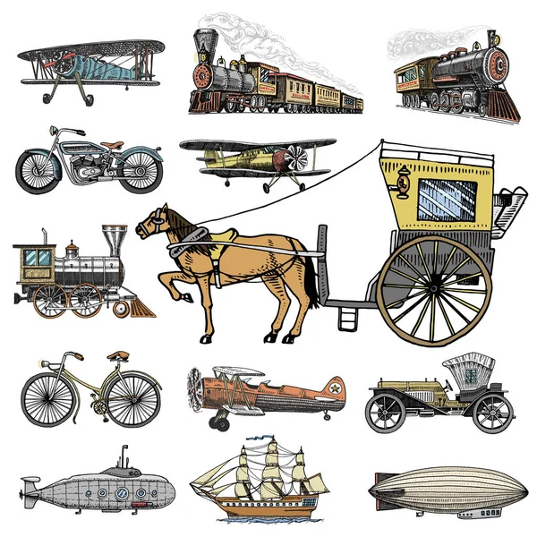 Tengeralattjáró, hajó és autó, motorkerékpár, lovas kocsi. léghajó vagy léghajó, léggömb, repülőgép kukorica, mozdony. vésett kézzel rajzolt régi vázlat stílusban, vintage utasszállítás. — Stock Vector