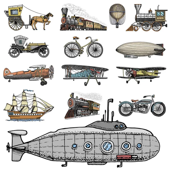 Ubåt, båt och bil, motorcykel, hästdragen vagn. luftskepp eller luftballong, luftballong, flygplansmajskolv, lok. graverad hand ritad i gammal skiss stil, vintage passagerare transport. — Stock vektor