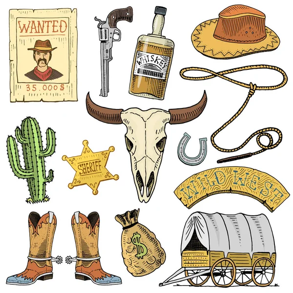 Oeste selvagem, show de rodeio, cowboy ou índios com laço. chapéu e arma, cacto com estrela do xerife e bisonte, bota com ferradura e cartaz procurado. mão gravada desenhada em esboço antigo ou estilo vintage . — Vetor de Stock