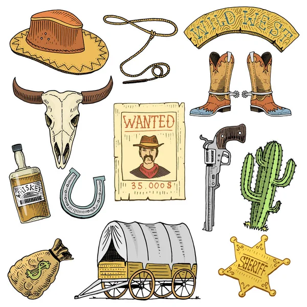 Oeste selvagem, show de rodeio, cowboy ou índios com laço. chapéu e arma, cacto com estrela do xerife e bisonte, bota com ferradura e cartaz procurado. mão gravada desenhada em esboço antigo ou estilo vintage . — Vetor de Stock