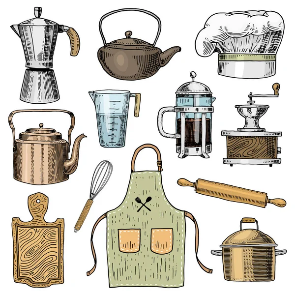 Cafetera o molinillo, prensa francesa, rodillo y cacerola, tablero de madera. Chef y utensilios de cocina sucios, cosas de cocina para la decoración del menú. mano grabada dibujada en antiguo boceto y estilo vintage . — Archivo Imágenes Vectoriales