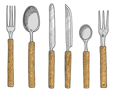 istiridye, dondurma kaşık ve bıçak tatlı veya tereyağı ve pişirme için yemek veya aperatif çatal. mutfak eşyaları, menü dekorasyon için şeyler yemek. oyulmuş elle çizilmiş eski kroki ve vintage tarzı.