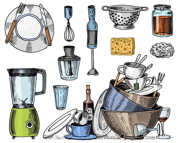 Cedník, mixér a odšťavňovač, špinavé nádobí, jam a houba na mytí. Šéfkuchař a špinavé nádobí, vaření věci na ozdobu menu. vyryto ručně kreslenou ve staré náčrtu nebo a vintage styl. — Stockový vektor