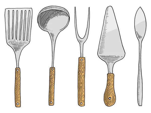 Spatule pour chaud, caviar et dessert, fourchette pour hareng ou louche. Chef et ustensiles de cuisine, trucs de cuisine pour la décoration du menu. gravé à la main dessiné dans un vieux croquis et style vintage . — Image vectorielle