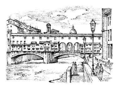 Avrupa şehirde İtalya Floransa manzara. oyulmuş elle eski kroki ve vintage tarzı çizilmiş. binalar, perspektif görünüm tarihi mimarisiyle. Seyahat kartpostal. Ponte Vecchio Köprüsü.