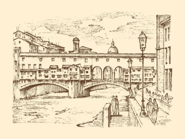 Avrupa şehirde İtalya Floransa manzara. oyulmuş elle eski kroki ve vintage tarzı çizilmiş. binalar, perspektif görünüm tarihi mimarisiyle. Seyahat kartpostal. Ponte Vecchio Köprüsü.
