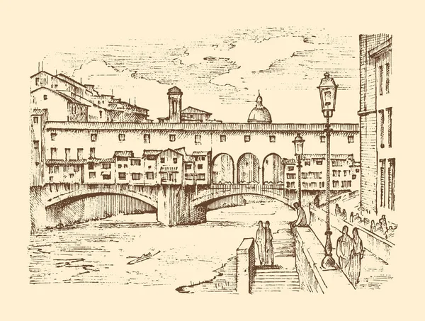 Paisaje en la ciudad europea Florencia en Italia. mano grabada dibujada en antiguo boceto y estilo vintage. arquitectura histórica con edificios, vista panorámica. Tarjeta postal de viaje. Puente Ponte Vecchio . — Vector de stock