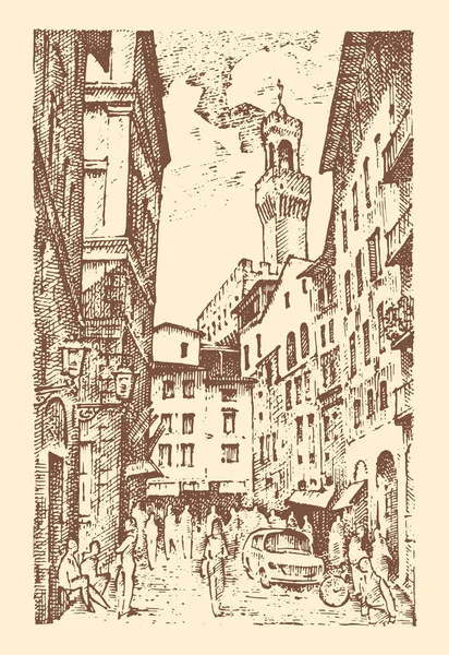Σκηνή στους δρόμους σε ευρωπαϊκή πόλη Φλωρεντία στην Ιταλία. χαραγμένο χέρι σε παλιό σκίτσο και vintage στυλ. ιστορική αρχιτεκτονική με κτίρια, προβολή προοπτικής. Ταξιδιωτικά καρτ ποστάλ. Παλάτσο Βέκιο. — Διανυσματικό Αρχείο