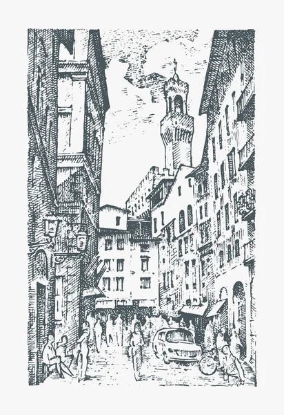 Σκηνή στους δρόμους σε ευρωπαϊκή πόλη Φλωρεντία στην Ιταλία. χαραγμένο χέρι σε παλιό σκίτσο και vintage στυλ. ιστορική αρχιτεκτονική με κτίρια, προβολή προοπτικής. Ταξιδιωτικά καρτ ποστάλ. Παλάτσο Βέκιο. — Διανυσματικό Αρχείο