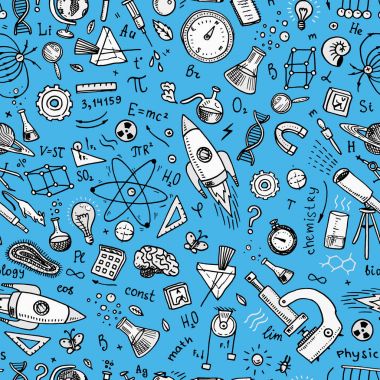 oyulmuş elle eski kroki ve vintage tarzı çizilmiş. bilimsel formüller ve fizik ve matematik ve astronomi beyaz tahta üzerinde hesaplamalar. Eğitim ve bilim. Seamless modeli.