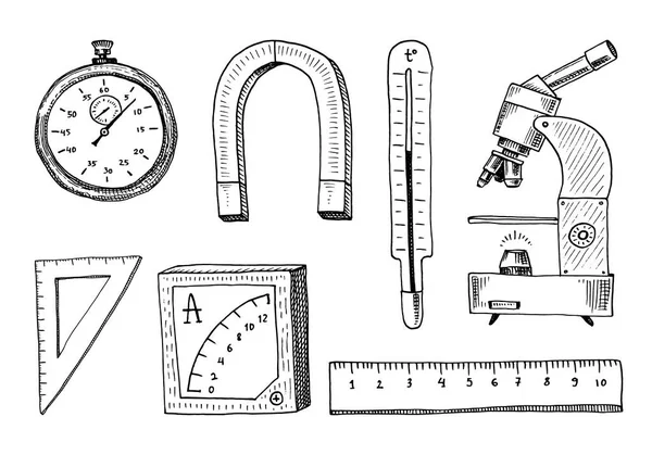 Πυξίδα και alpelmet με θερμόμετρο και μικροσκοπίου μαγνήτης. χαραγμένο χέρι πίσω στο στοιχείο Σχολή Θετικών Επιστημών και εργαστηριακά πειράματα σε παλιό σκίτσο και vintage σύμβολα Υπολογισμός στη φυσική. — Διανυσματικό Αρχείο