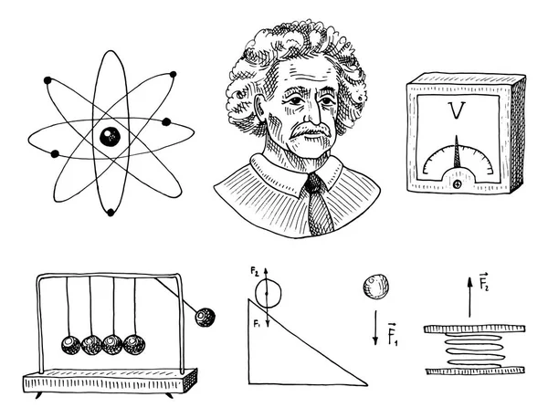 Atom και βολτόμετρο με αέναη κίνηση, το κύκλωμα και το γράφημα. χαραγμένο χέρι σε παλιό σκίτσο και vintage σύμβολα. υπολογισμοί φυσικής πίσω σε στοιχεία της Σχολής Θετικών Επιστημών και εργαστηριακά πειράματα. — Διανυσματικό Αρχείο