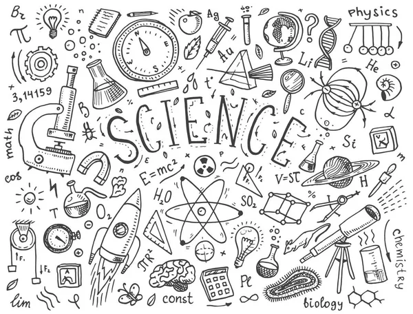 刻まれた手の古いスケッチとビンテージ スタイルで描画されます。科学的な数式、物理学と数学、化学、生物学や天文学ホワイト ボード上での計算です。教育と科学. — ストックベクタ