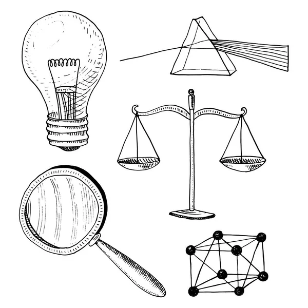 Lightbulb and prism, crystal lattice and scale with magnifying glass. engraved hand drawn in old sketch and vintage symbols. Back to School Elements of Science or physics and laboratory experiments. — Stock Vector