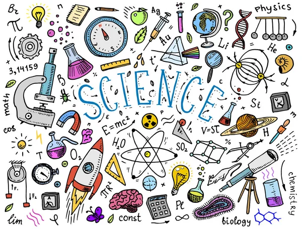 Mano grabada dibujada en antiguo boceto y estilo vintage. fórmulas científicas y cálculos en física y matemáticas, química y biología o astronomía en pizarra blanca. Educación y Ciencia . — Vector de stock