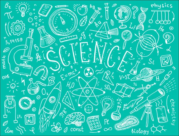 Mano grabada dibujada en antiguo boceto y estilo vintage. fórmulas científicas y cálculos en física y matemáticas, química y biología o astronomía en pizarra blanca. Educación y Ciencia . — Archivo Imágenes Vectoriales