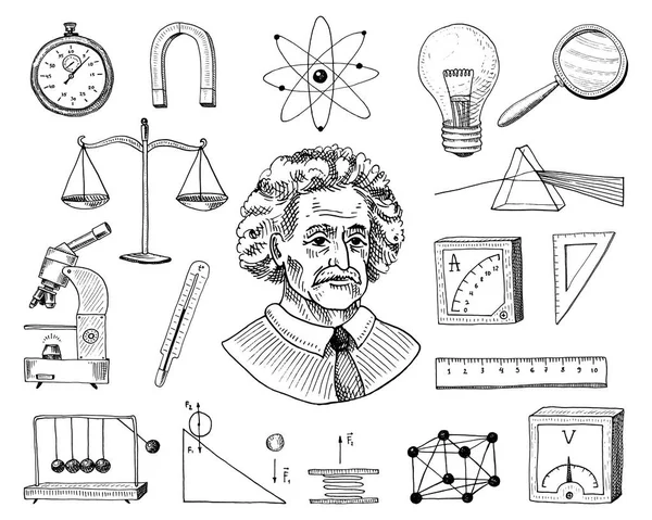 Atom en voltmeter met Perpetuum Mobile, circuit en grafiek. gegraveerde hand getrokken in oude schets en vintage symbolen. berekeningen natuurkunde terug naar School elementen of Science en laboratoriumexperimenten. — Stockvector