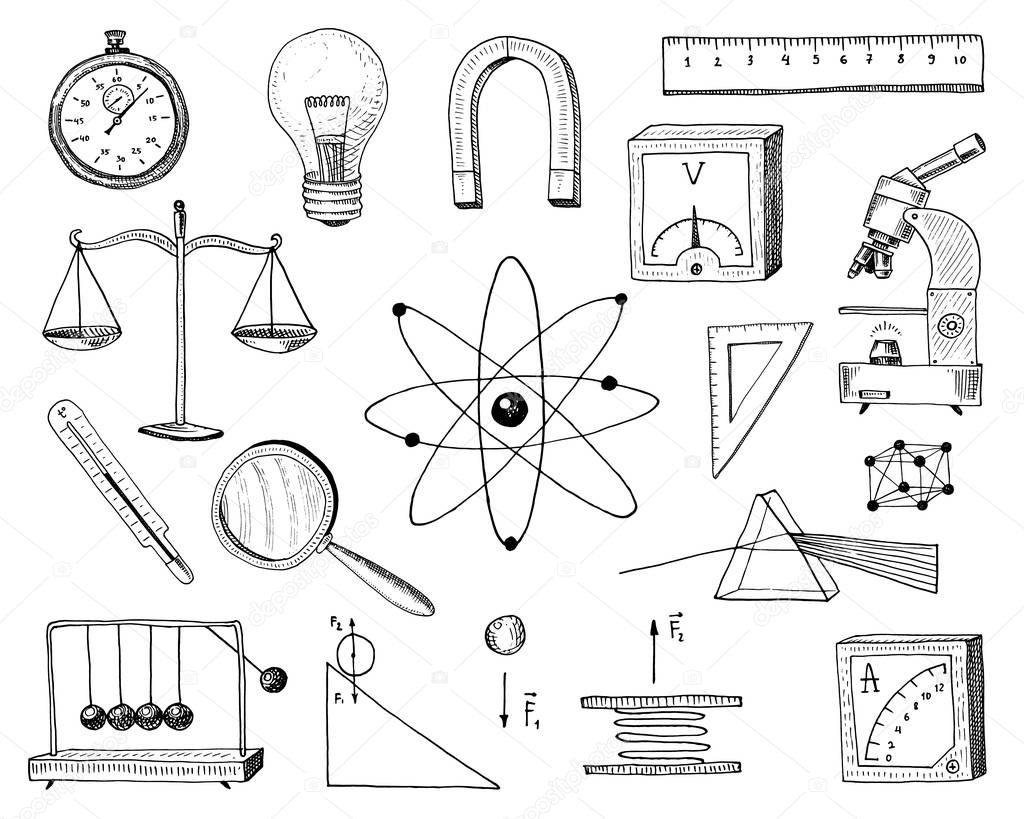 compass and magnet, alpelmet with thermometer and microscope. engraved hand drawn in old sketch and vintage symbols Calculation in physics Back to School Element of Science and laboratory experiments.