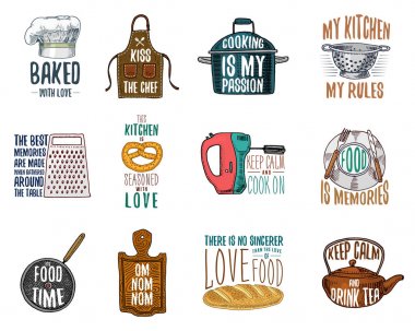 Önlük ve tencere, simit ve kukuleta ile ahşap tahta. Şeyler yemek pişirme veya kirli mutfak eşyaları. Logo Amblem veya etiket, oyulmuş elle çizilmiş eski kroki ve vintage tarzı.