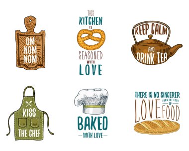 Önlük ve tencere, simit ve başlık, pan ve su ısıtıcısı ile ahşap tahta. Şeyler yemek pişirme veya kirli mutfak eşyaları. Logo Amblem veya etiket, oyulmuş elle çizilmiş eski kroki ve vintage tarzı.