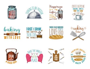 Kahve veya su ısıtıcısı, kahve makinesi, oklava, ahşap tahta. Ekmek ve hamur işleri, kirli mutfak gereçleri, şeyler yemek. Logo Amblem veya etiket, oyulmuş elle çizilmiş eski kroki ve vintage tarzı.
