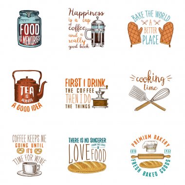 Kahve veya su ısıtıcısı, kahve makinesi, oklava. Ekmek ve hamur işleri, kirli mutfak gereçleri, şeyler yemek. Logo Amblem veya etiket, oyulmuş elle çizilmiş eski kroki ve vintage tarzı.