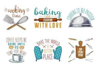 oklava, ahşap levha, çırpma teli ve eldivenler için sıcak. Ekmek ve hamur işleri, kirli mutfak gereçleri, şeyler yemek. Logo Amblem veya etiket, oyulmuş elle çizilmiş eski kroki ve vintage tarzı.