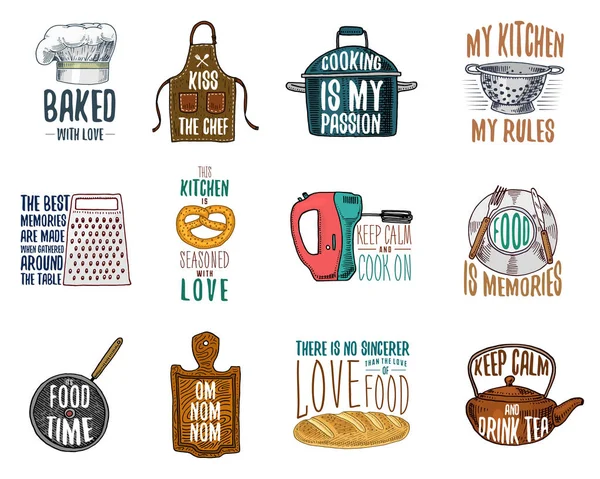 Apron and saucepan, bagel and wooden board with hood. Baking or dirty kitchen utensils, cooking stuff. logo emblem or label, engraved hand drawn in old sketch and vintage style. — Stock Vector