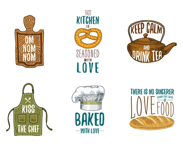 Önlük ve tencere, simit ve başlık, pan ve su ısıtıcısı ile ahşap tahta. Şeyler yemek pişirme veya kirli mutfak eşyaları. Logo Amblem veya etiket, oyulmuş elle çizilmiş eski kroki ve vintage tarzı.