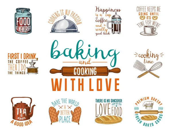 Kahve veya su ısıtıcısı, kahve makinesi, oklava. Ekmek ve hamur işleri, kirli mutfak gereçleri, şeyler yemek. Logo Amblem veya etiket, oyulmuş elle çizilmiş eski kroki ve vintage tarzı.