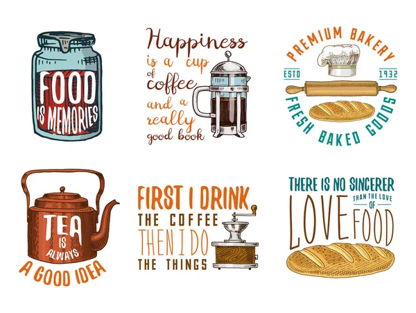 kahve veya su ısıtıcısı, kahve makinesi, oklava ve ekmek. Ekmek ve hamur işleri, kirli mutfak gereçleri, şeyler yemek. Logo Amblem veya etiket, oyulmuş elle çizilmiş eski kroki ve vintage tarzı.