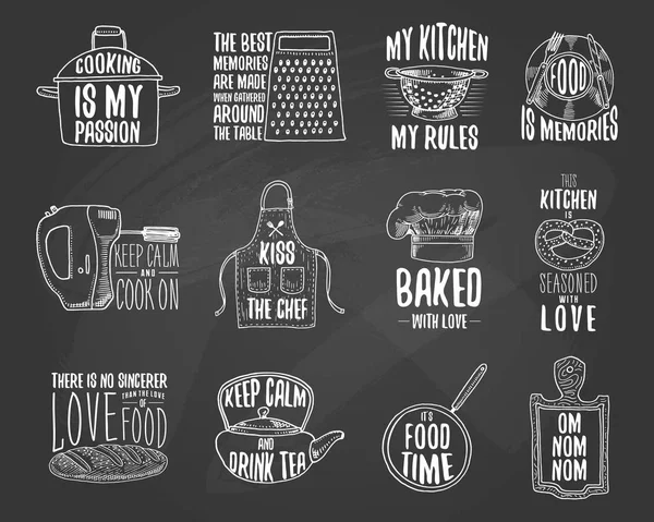 Önlük ve tencere, simit ve kukuleta ile ahşap tahta. Şeyler yemek pişirme veya kirli mutfak eşyaları. Logo Amblem veya etiket, oyulmuş elle çizilmiş eski kroki ve vintage tarzı.
