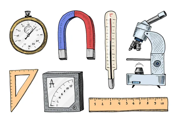 Kompas i magnes, alpelmet z termometrem i mikroskopu. grawerowane ręcznie rysowane w stare symbole szkicu i vintage obliczeń fizyki do eksperymentów Element nauki w szkole i laboratorium. — Wektor stockowy