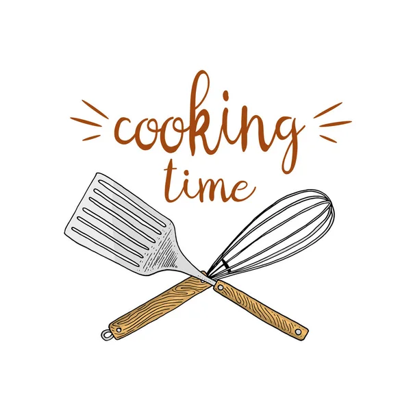 Whisk o cocina, cosas de cocina para la decoración del menú. emblema o etiqueta del logotipo de la hornada, mano grabada dibujada en boceto antiguo o y estilo vintage . — Vector de stock