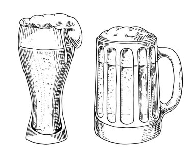 Bira bardağı, bardak ya da bir şişe Oktoberfest. Eski bir skeç ve web için klasik tarzda çizilmiş mürekkep el yazısı, parti ya da bar menüsüne davetiye. tasarım ögesi beyaz arkaplanda izole edildi.