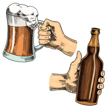 Bira bardağı, bardak ya da bir şişe Oktoberfest. Eski bir skeç ve web için klasik tarzda çizilmiş mürekkep el yazısı, parti ya da bar menüsüne davetiye. tasarım ögesi beyaz arkaplanda izole edildi.