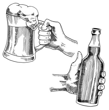 Bira bardağı, bardak ya da bir şişe Oktoberfest. Eski bir skeç ve web için klasik tarzda çizilmiş mürekkep el yazısı, parti ya da bar menüsüne davetiye. tasarım ögesi beyaz arkaplanda izole edildi.