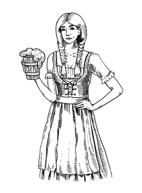 Bira ile geleneksel Belçika veya Bavyera giysili bir kadın. web veya pub menü için eski kroki ve vintage tarzı çizilmiş mürekkep el oyulmuş. oktoberfest tasarımını.