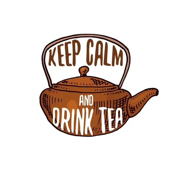 Чайник і чайник або кухонне начиння, кухонне приладдя для прикраси меню. логотип випічки емблема або етикетка, гравірована рука намальована в старому ескізі або вінтажному стилі. Зберігайте спокій і пийте чай . — стоковий вектор