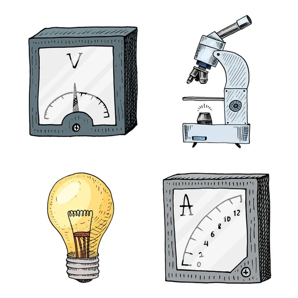 Ampèremeter of voltmeter, Microscoop en lamp. gegraveerde hand getrokken in oude schets en vintage symbolen. berekeningen natuurkunde terug naar School elementen of Science en laboratoriumexperimenten. — Stockvector