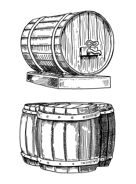 Vino o ron, barricas de madera clásica cerveza para el paisaje rural con vista frontal y lateral villa. grabado en tinta dibujada a mano en antiguo boceto y estilo vintage para web o menú de pub. diseño de oktoberfest . — Archivo Imágenes Vectoriales