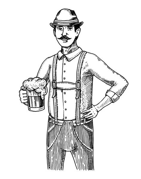 Мужчина в традиционной бельгийской или баварской одежде с пивом. гравировка чернилами, выполненная в старинном стиле для меню паутины или паба. дизайн okfest . — стоковый вектор