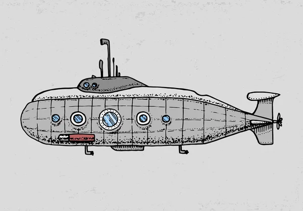 Mergulhos de submarino militar ou barco subaquático com periscópio para mar profundo. mão gravada desenhada em estilo antigo esboço, transporte vintage . —  Vetores de Stock