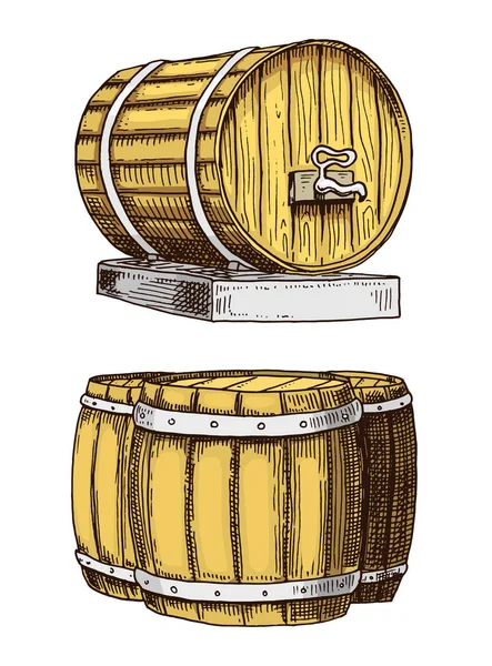 Вино или ром, пиво классические деревянные бочки для сельской местности с видом на виллу спереди и сбоку. гравировка чернилами, выполненная в старинном стиле для меню паутины или паба. дизайн okfest . — стоковый вектор