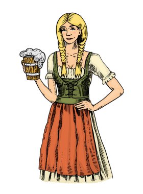 Bira ile geleneksel Belçika veya Bavyera giysili bir kadın. web veya pub menü için eski kroki ve vintage tarzı çizilmiş mürekkep el oyulmuş. oktoberfest tasarımını.