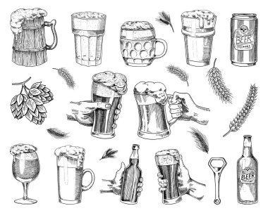 Bira bardağı, bardak ya da bir şişe Oktoberfest. Eski bir skeç ve web için klasik tarzda çizilmiş mürekkep el yazısı, parti ya da bar menüsüne davetiye. tasarım ögesi beyaz arkaplanda izole edildi.