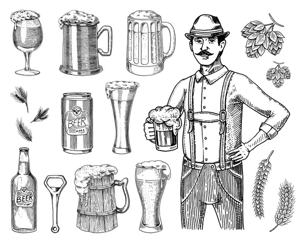 Un homme en tenue traditionnelle belge ou bavaroise avec de la bière. gravé à l'encre dessinée à la main dans un vieux croquis et style vintage pour menu web ou pub. conception de l'oktoberfest . — Image vectorielle