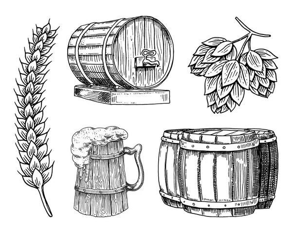 Κρασί ή το ρούμι, κλασική ξύλινα βαρέλια μπύρα για αγροτικό τοπίο. Κριθάρι και σιτάρι, βύνη και λυκίσκο. χαραγμένο στο χέρι μελάνι σε παλιό σκίτσο και vintage στυλ για το web ή pub μενού. σχεδιασμός του oktoberfest. — Διανυσματικό Αρχείο