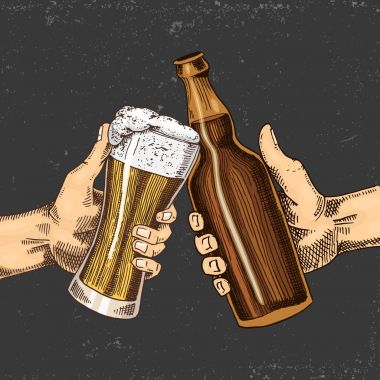 Bira cam, kupa veya oktoberfest şişe. web, parti için davetiye veya pub menü eski kroki ve vintage tarzı çizilmiş mürekkep el oyulmuş. Beyaz arka plan alkış izole tasarım öğesi.