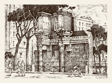 İtalya Roma'da Avrupa şehirde manzara. oyulmuş elle eski kroki ve vintage tarzı çizilmiş. binalar, perspektif görünüm tarihi mimarisiyle. Peristil, Minerva Tapınağı kalıntıları.